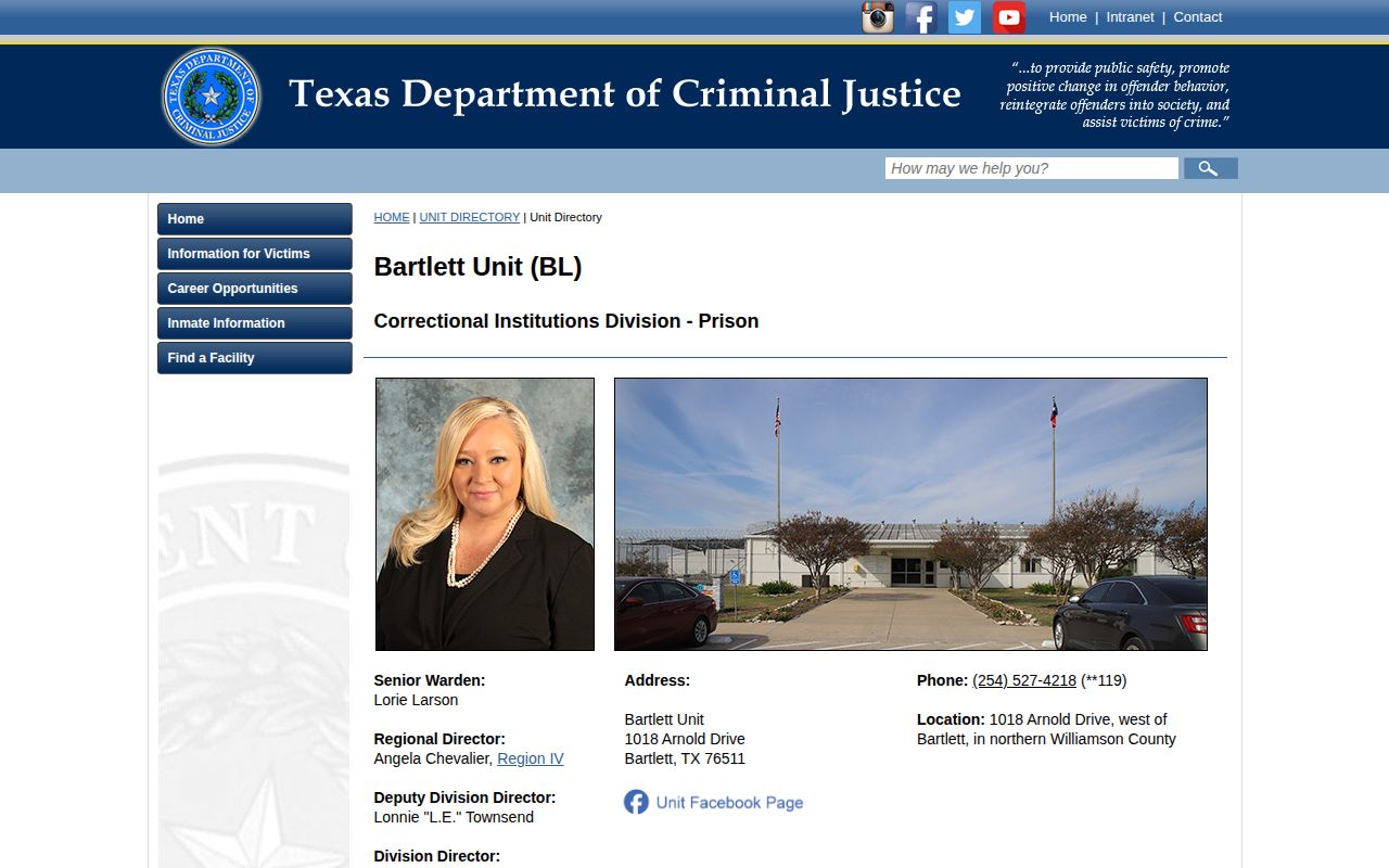 Bartlett Unit information for Williamson County state prisoner release searches