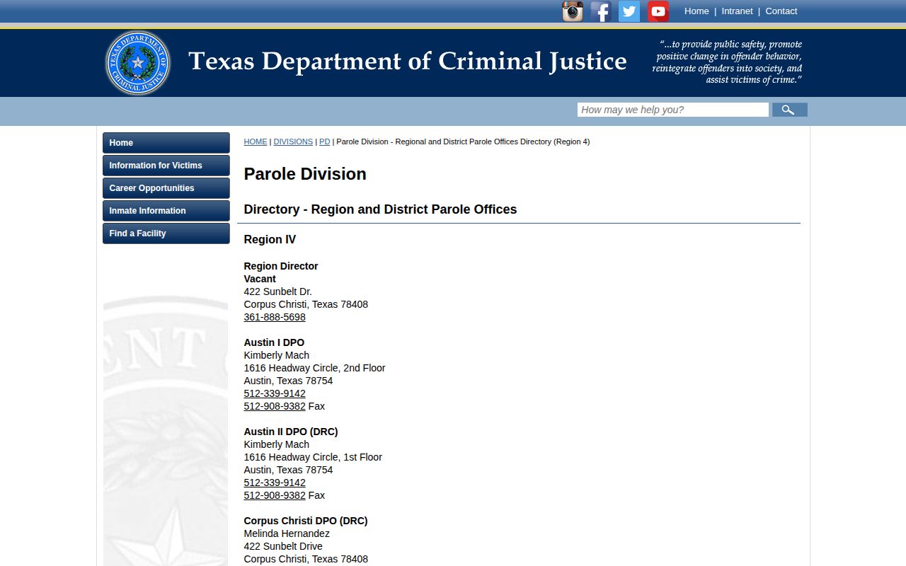 Georgetown parole office listing for Williamson County supervision