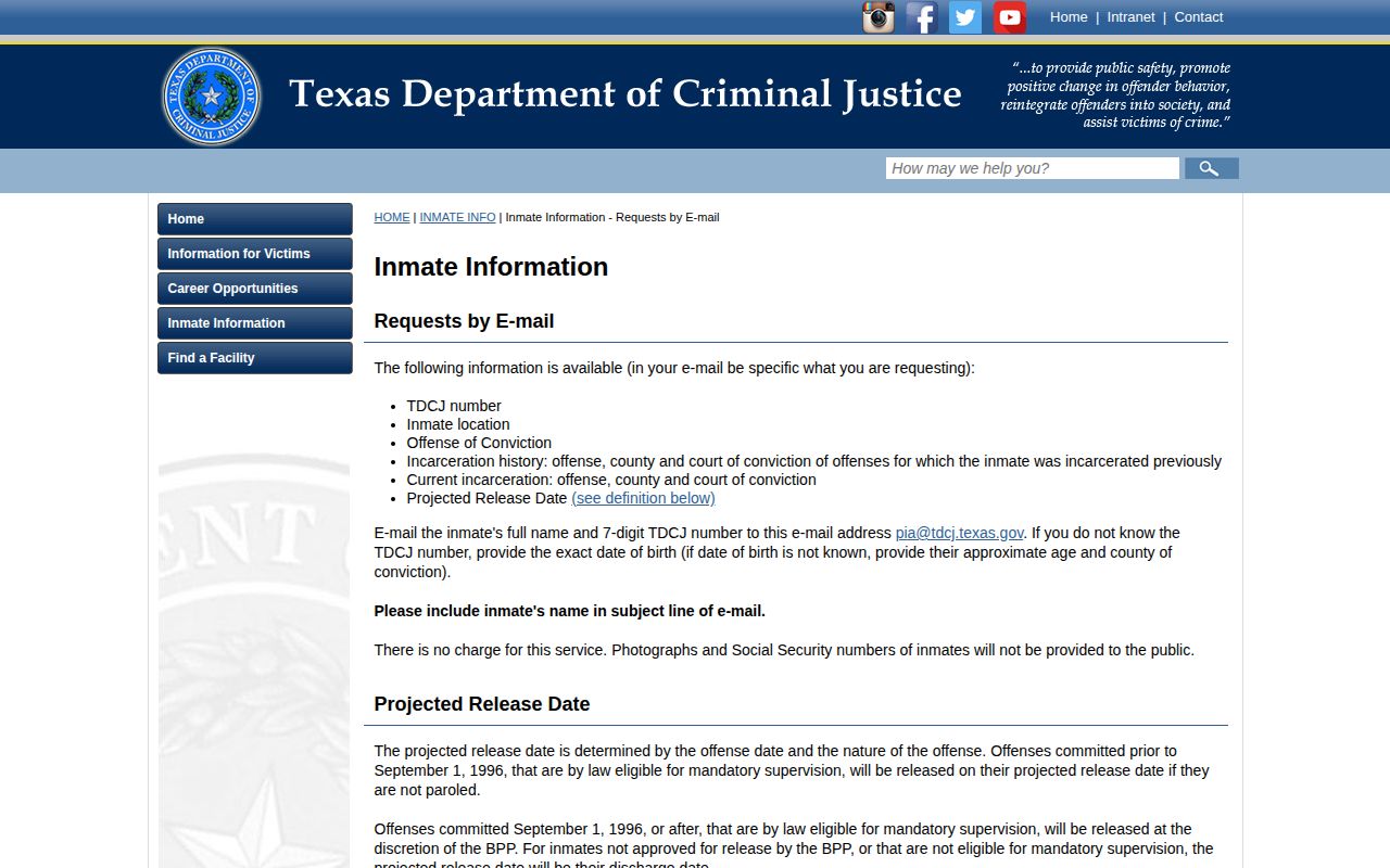 Official TDCJ projected release definition for Williamson County date lookup