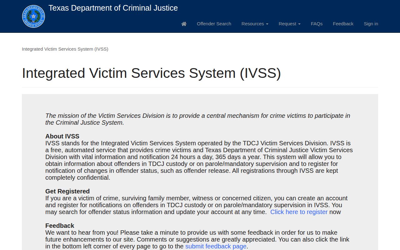 Williamson County state release notification through TDCJ IVSS