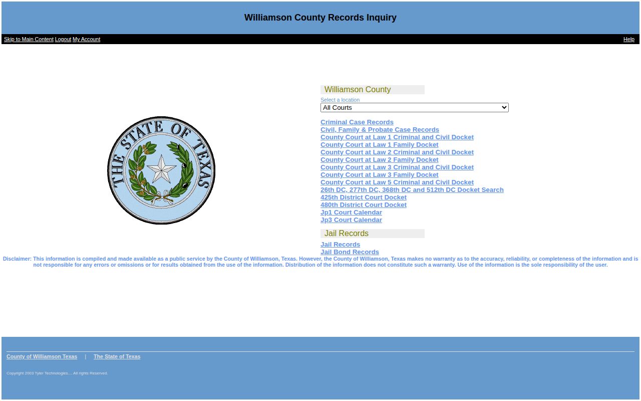 Williamson County released inmates Judicial Records search screen
