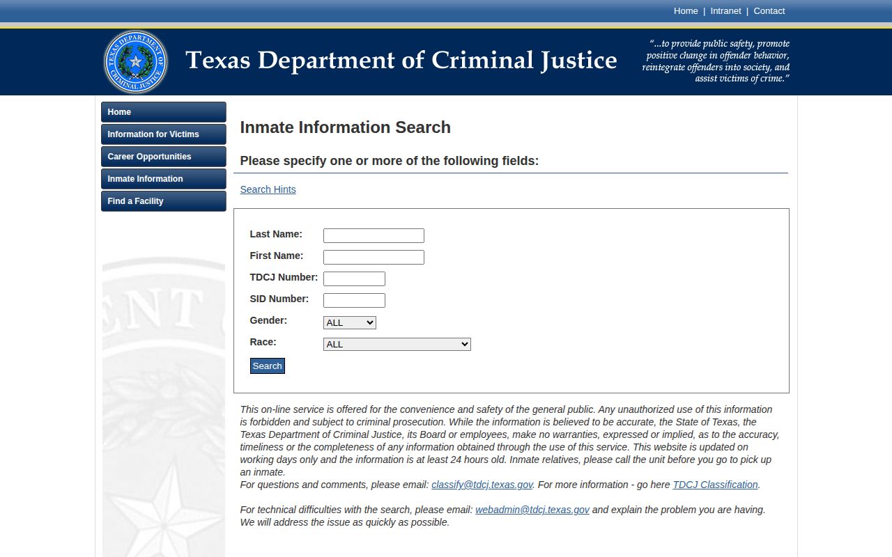 TDCJ search form for Williamson County released state inmates