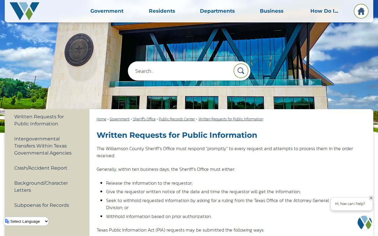 Williamson County release record request submission channels and response steps